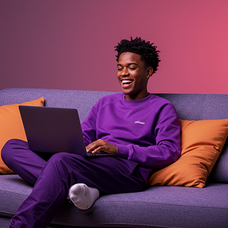 Homem sorrindo com notebook